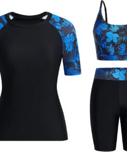 Owntop Damen 3-teiliger Rash Guard | UPF50+ UV Shirt | Kurzarm Rashguard-Shirts & Bikini Top & Hochtaillierte Boyshorts | Schnelltrocknend Badebekleidung Badeanzüge | Schwimmen Surfen