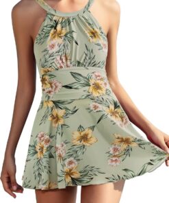 SHEKINI Damen Elegant Einteiliger Badeanzug Rückenfrei Schwimmkleid Ruched Retro Bauchweg Bauchkontrolle Badekleid für Damen