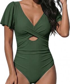 OUSIMEN Badeanzug Einteiler V Ausschnit Monokinis | Damen Badeanzug: V-Ausschnitt mit Kreuzfront, Rüschenärmel Front-Cut-Out, Bademode Swimsuit.
