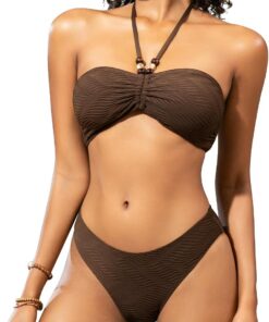 SHEKINI Bandeau Bikini Damen Set Bikinis Hohe Taille Neckholder Bikini Mit Kordelzug Bikini Set Einfarbig Zweiteiler Badeanzug Bademode Sexy Swimsuit Boho