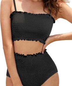 SHEKINI Damen Bikini Set Texturierte Bandeau Crop Top Bikinioberteil High Waist Bauchweg Bikinihose Ruched Zweiteiliger Badeanzug Strandmode