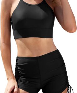 SHEKINI Damen 2-teilige Badeanzüge Crisscross Bikini Top Bauchkontrolle Seite Krawatte Boyshorts