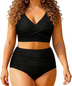 Damen-Bikini-Set in Übergröße mit hohem Bund, 2-teilig, formendes Oberteil und Unterteil, Badeanzug mit austauschbaren Brustpolstern
