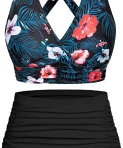 Voqeen Damen Bikini mit hoher Taille Push Up Badeanzug V Ausschnitt überkreuztes Geraffte Badebekleidung mit Bauchansatz Zweiteiliger Bademode