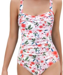 SHEKINI Damen Einteilige Badeanzug Retro Schlankheits Ruched Bauchweg Bademode Halter Große Größe Modest Badeanzüge für Damen