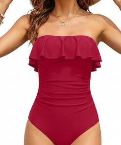 Holipick Badeanzug für Damen, trägerlos, einteilig, mit Bauchkontrolle, Bandeau-Stil, Rüschen und figurformender Bademode | Rüschendetails, Bauchkontrolle, abnehmbare Träger, Bandeau, süßer Look für Strand, Pool, Resort, Kreuzfahrt