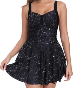 Halcurt Badekleid Damen mit Cups Raffung Bauchweg Badeanzug S-XXL | Vertellbare Träger, Eingebaute badehose, Atmungsaktiv, Schnell Trocknend, Geraffte Seite Einteiliger Schwimmkleid