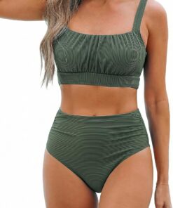 CUPSHE Bikini Damen Set High Waist Eckiger Ausschnitt Raffung Bademode | Verstellbare Träger, Bequeme Passform, Sicherer Halt, Für Strand und Pool