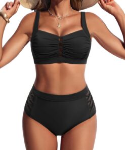 Hanna Nikole Bikini Damen Set, Hohe Taille Bauchweg Badeanzug, Push Up Zweiteiler Bademode, Brust Ausschneiden Sexy Bikinis, Plissierte Elegante Strandmode, Schwimmanzug mit verstellbaren, gekreuzten