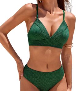 CUPSHE Damen Bikini Set V Ausschnitt gekreuzte glänzende Bademode | Spaghettiträger mittelhoher, Bund Zweiteiliger Badeanzug, Verstellbare Träger, Rückenbindung, Abnehmbare Cups