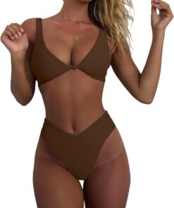geluboao Bikini-Set für Damen, einfarbig, V-Ausschnitt, Knoten, vorne, Push-Up, hoher Beinschnitt, Tanga, zweiteiliger Badeanzug