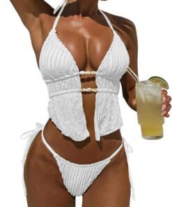 Bikini-Set für Damen mit V-Ausschnitt Triangel Oberteil Badeanzüge Slip Verstellbare Schnürung Badeanzug Niedriger Taille Zweiteiliger Badeanzug(Mehrfarbig,S-L)