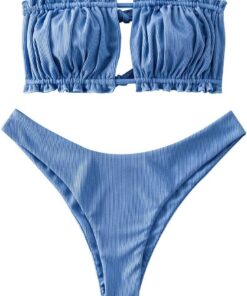 ZAFUL Schulterfreies Bandeau-Bikini-Set mit hohem Schnitt und Kordelzug und Rüschen Bademode für Damen