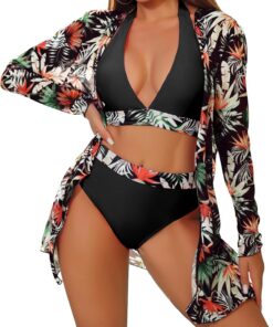 Damen Bikini Set 3 Teiliger Neckholder Luftig Bademode | Luftig Herausnehmbare Polster Strandtunika Schwimmen Strandmode badeanzug,Schnelltrocknend Weich Stretch