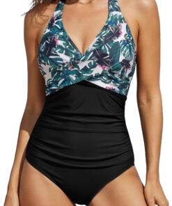 Husmeu Badeanzug Damen Bauchweg Einteilige Bademode V Ausschnitt Neckholder Shape Badeanzüge mit Bauchraffung Swimsuit Monokini mit Cups