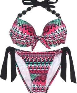Damen Seitlich Gebunden Bikini Sets Abnehmbar Bademode Push up Bikinioberteil mit Nackenträger