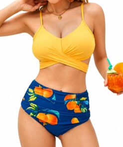 Bikini Damen Set Bauchweg Sexy High Waist Push up Zweiteiliger Badeanzug Oberteil V Ausschnitt Cross Verstellbar Lace Up Back Swimsuit S-XXL
