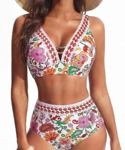 Hanna Nikole Damen Bikini Hohe Taille Cut Out Badeanzug Bauchweg Bademode Push Up Zweiteiliger Bikini Set V-Ausschnitt Badebekleidung
