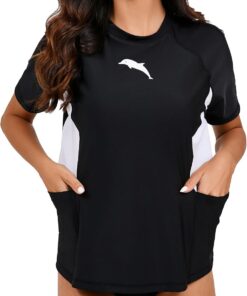 Halcurt UV Shirt Damen Kurzarm mit BH und Tasche UPF 50+ Rash Guard S-XXL | Sonnenschutz Schwimmshirt, Atmungsaktiv, Schnell Trocknend, Nur Schwimmoberteil, Raglan Ärmel