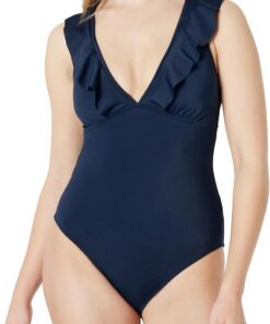 Amazon Essentials Damen Einteiliger Badeanzug mit Rüschen und V-Ausschnitt
