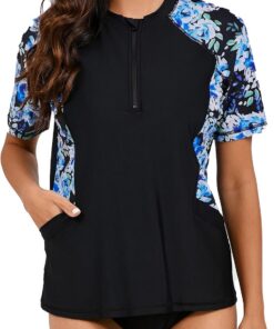 Halcurt UV Shirt Damen mit BH und Tasche 1/4 Zip Rash Guard UPF 50+ S-XXL | Sonnenschutz Schwimmshirt Kurzarm, Atmungsaktiv, Nur Schwimmoberteil, Raglan Ärmel