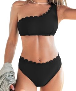 CUPSHE Damen Bikini Set One Shoulder Wellenkante Mid Waist Bikini Asymmetrische Bademode Zweiteiliger Badeanzug Swimsuit