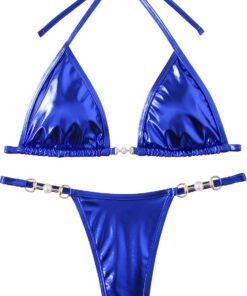SEAUR Metallic Bikini für Frauen Zweiteiliger Sexy Triangel High Cut Strings Bottoms Badeanzug mit String Neckholder Tops Bademode