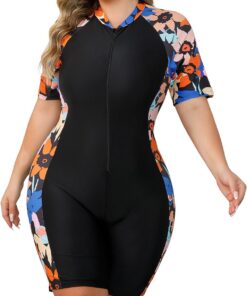 Damen Badeanzug Große Größen Badeanzug mit Bein L-4XL | Bauchweg Figurformend Kurzarm mit Brustpolstern Reißverschluss - für Schwimmbad Therme Strand Sport