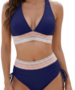Bikini Damen Set Zweiteiliger Hohe Taille Farbblock Kordelzug Badeanzüge Bikinis Bademode Swimsuit Badeanzug für Frauen Bandeau