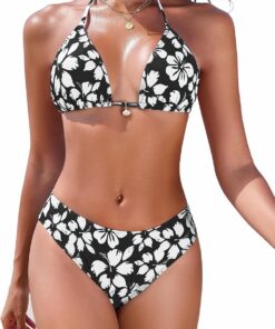 Nadeer Bikini Damen Set Triangel Bikini Sexy Neckholder Bikinioberteil Blumenmuster Push Up Zweiteiliger Badeanzug Hohe Taille Bikinihose