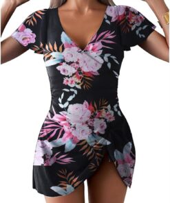TcIFE Damen Badeanzug Badekleid Einteiler V-Ausschnitt Rüschen Flügelärmel | Damen Badekleid Einteiler mit V-Ausschnitt, Rüschen, Flügelärmel und Knoten vorne für den Strand Minirock Badeanzüge