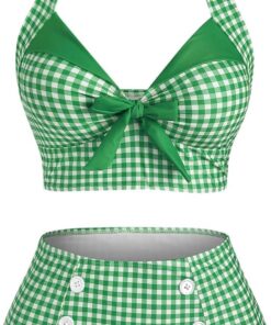DRESSFO Women's Bikini Set Halter Two Piece High Waisted Swimsuit Plaid Retro Tummy Control Tankini Bathing Suit