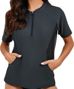 Halcurt UV Shirt Damen mit Tasche 1/4 Zip UPF 50+ Kurzarm Rash Guard S-XXL | Sonnenschutz Schwimmshirt, Atmungsaktiv, Schnell Trocknend, Nur Schwimmoberteil, Raglan Ärmel