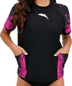 Halcurt UV Shirt Damen Kurzarm mit BH und Tasche UPF 50+ Rash Guard S-XXL | Sonnenschutz Schwimmshirt, Atmungsaktiv, Schnell Trocknend, Nur Schwimmoberteil, Raglan Ärmel