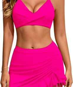 HORISUN Damen 3-Teiliges Bikini Set, High Waist Twist Front V-Ausschnitt Badeanzug Rock & Separatem Höschen Swimsuit