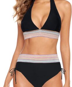 Damen Bikini Set Bademode Bauchkontrolle Hohe Taille Bikini Sets Hohe Taille V Ausschnitt Verstellbar Zweiteiliger Badeanzug Swimsuit