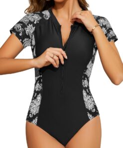 SHEKINI Frauen Kurzarm Rash Guard Schutz Reißverschluss Surfen Einteiliger Badeanzug