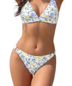 SHEKINI Damen Dreieckiger V Ausschnitt Zweiteiliger Badeanzug mit Blumendruck Low Waist Bikini Sets Bademode