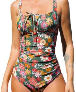 CUPSHE Damen Badeanzug Quadratischer Ausschnitt Bauchweg Raffung Tunnelzug Schleifen Einteilige Bademode Swimsuit