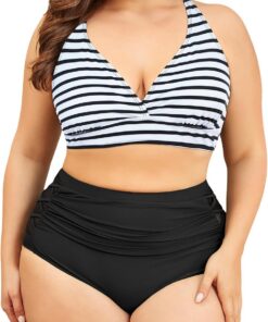 PONCEAU Bikini Damen Set Bauchweg High Waist - Push Up Bikini Oberteil für Große Brüste V-Ausschnitt Große Größen Plus Size Curvy Bademode