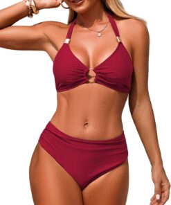 Genfien Bikini Damen Set V Ausschnitt Push Up Halterneck O Ring Mid Waist | Einfarbig,Bikini Sets für Damen,Elegant,Sexy,Bademode,Zweiteiliger Swimsuit