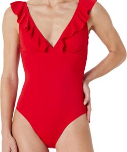 Amazon Essentials Damen Einteiliger Badeanzug mit Rüschen und V-Ausschnitt