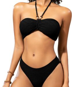 SHEKINI Bandeau Bikini Damen Set Bikinis Hohe Taille Neckholder Bikini Mit Kordelzug Bikini Set Einfarbig Zweiteiler Badeanzug Bademode Sexy Swimsuit Boho