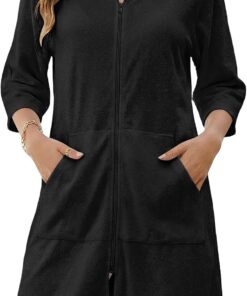 Bsubseach Badeanzug für Damen, Frottee, Bademantel, Reißverschluss, 3/4-Ärmel, Strandvertuschung, Bademantel mit Taschen