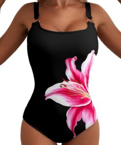 Bsubseach Einteiliger Damen Badeanzug mit Blumenmuster verstellbare Träger Bauchkontrolle Badeanzug