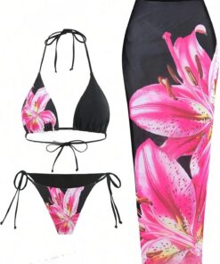 ZAFUL 3pcs Damen Bikini Sets Tropische Blumen Halter Triangle Bikinioberteil Tie-Seite Bikinihose Badeanzug mit Lange Sheer Sarong Strandkleider