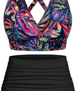 Voqeen Damen Bikini mit hoher Taille Push Up Badeanzug V Ausschnitt überkreuztes Geraffte Badebekleidung mit Bauchansatz Zweiteiliger Bademode