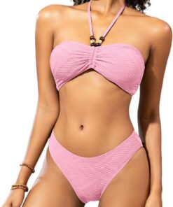 SHEKINI Damen Textur Halter Bandeau Perlen Krawatte Zurück String Bikini Oberteile Mittlere Abdeckung Bikinihosen Zweiteilige Badeanzug Badeanzüge Bademode