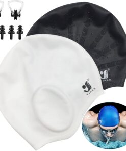 Unisex Silikon Badekappen-Ohrenschutz,2Pcs wasserdichte Schwimmkappe für Kurze/Lange Haare mit Ohrstöpsel&Nasenklemme,Elastische Badekappe für Frauen Männer Erwachsene Kinder