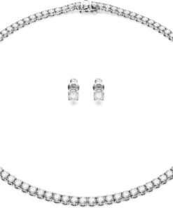 Swarovski Matrix Tennis Set, Rhodinierte Halskette und Ohrringe mit Strahlenden Weißen Swarovski Kristallen